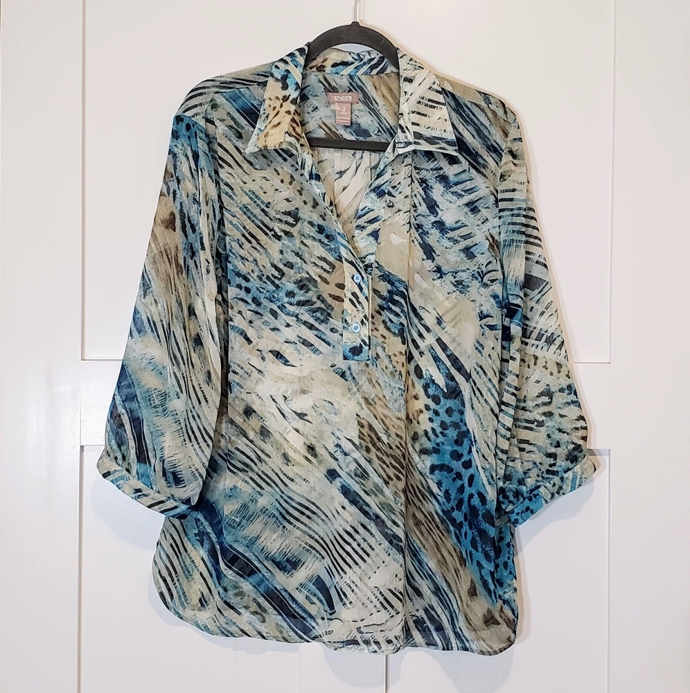 Chico's Size 3 Sheer Tunic Chiffon Lightweight Taupe Turquoise V Neck 2 Buttons